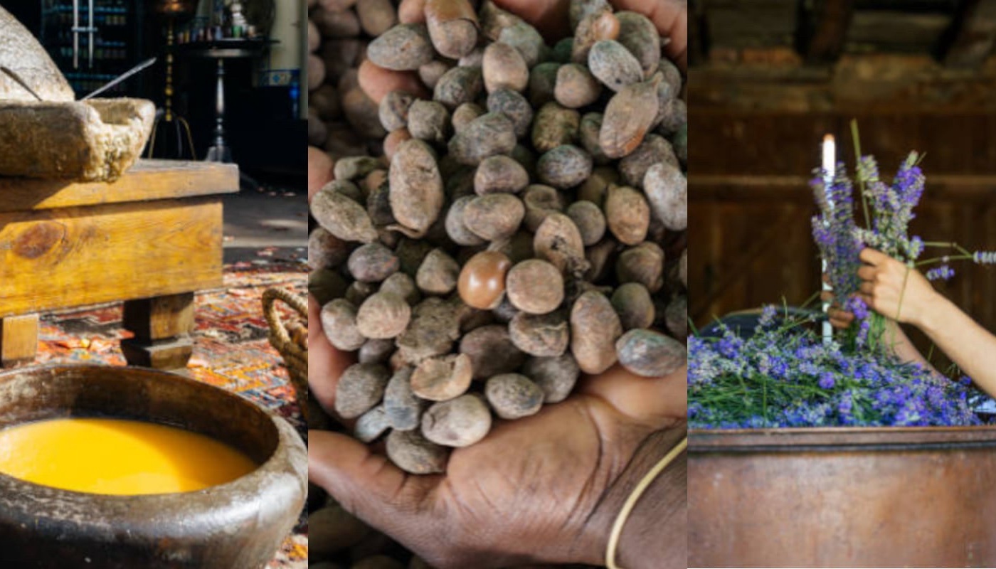 Un triptyque d’images. À gauche de l’huile d’argan réalisée traditionnellement, au centre des cosses de beurre de karité. À droite des brins de lavande dans une cuve en cuivre pour la distillation.